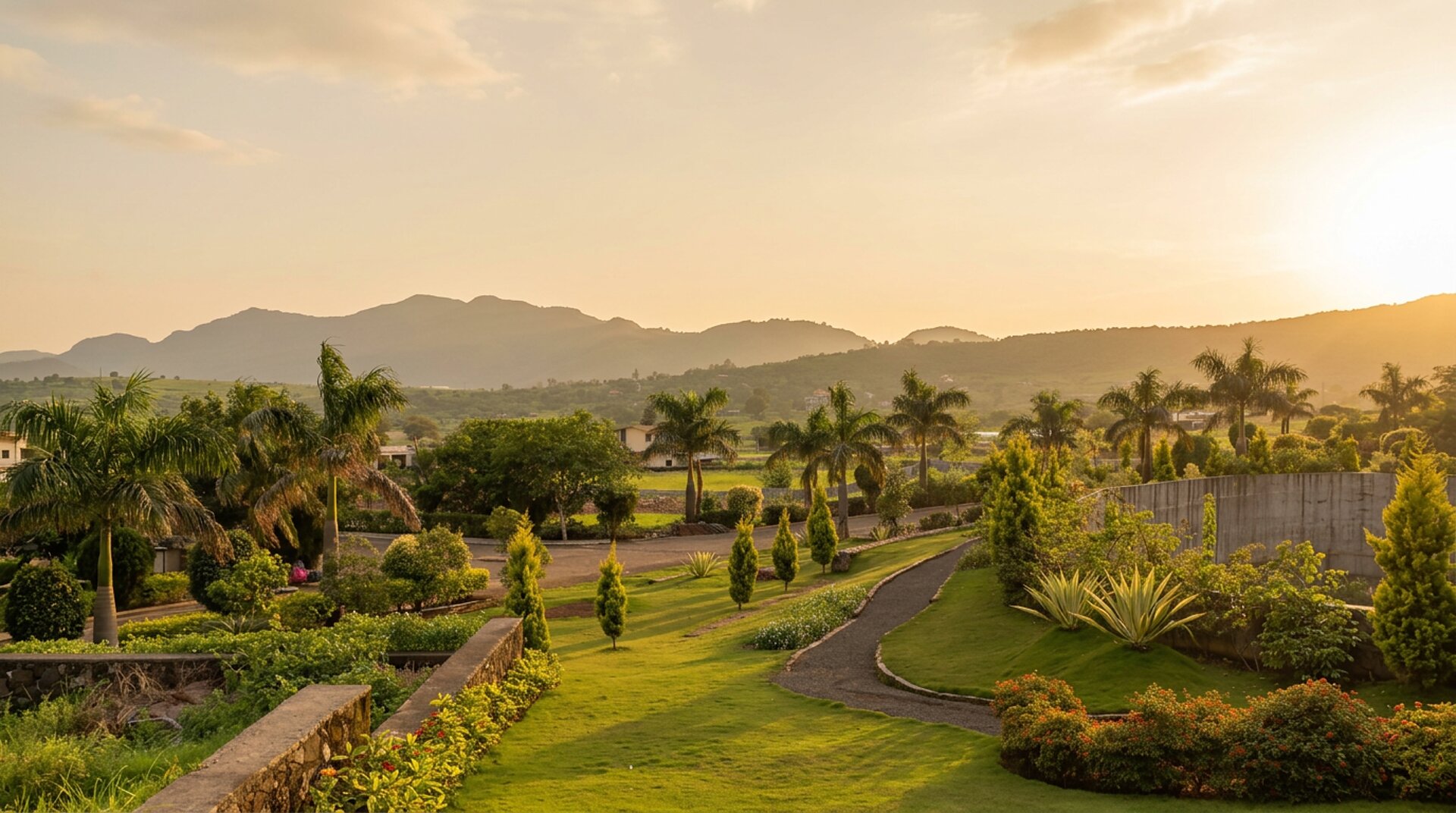 Landscaped plotted community overlooking a green valley near Pune